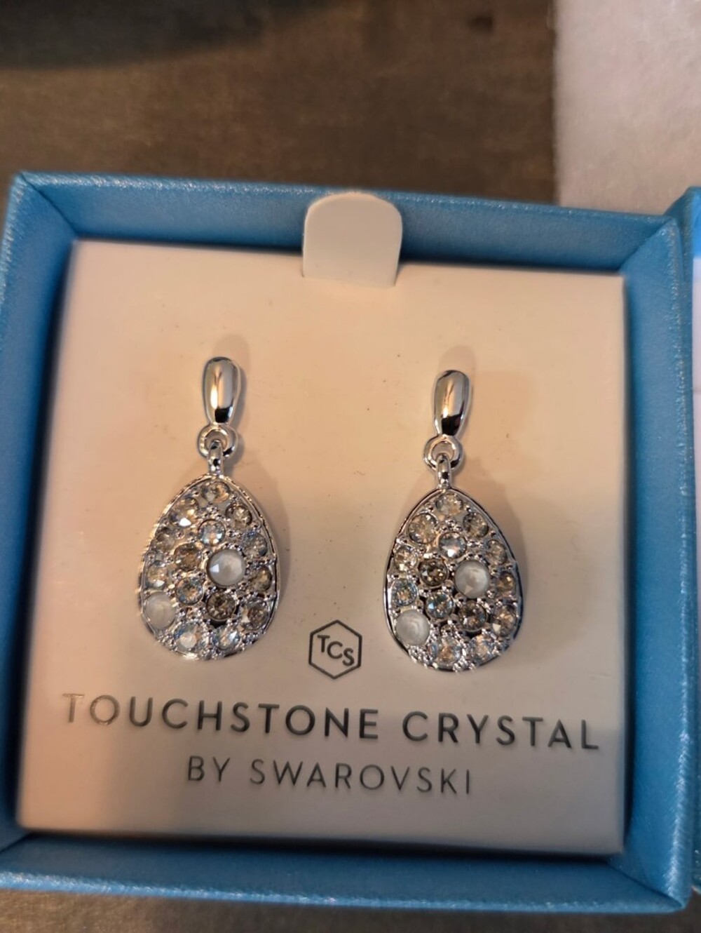 Touchstone Crystal Silver Teardrop Crystal Drop Earrings - White